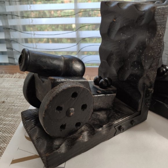 Wooden Cannon Bookends Gothic Rustic Vintage Bookends 6" - Picture 5 of 12